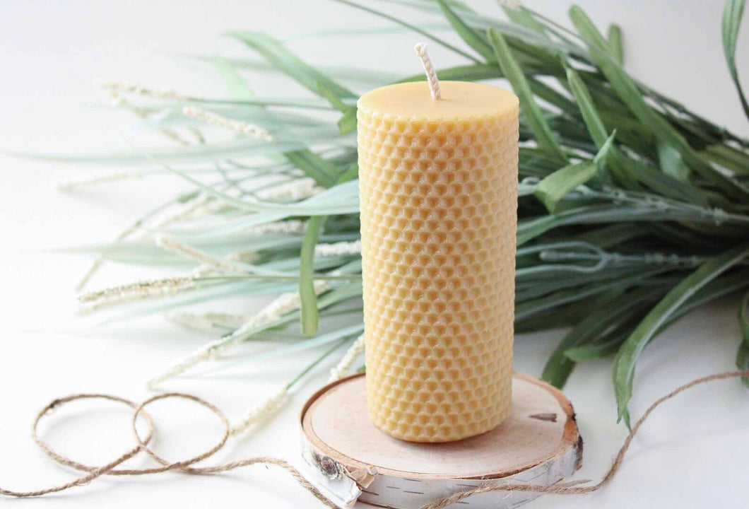 Beeswax Pillar Candle with Honeycomb Texture
